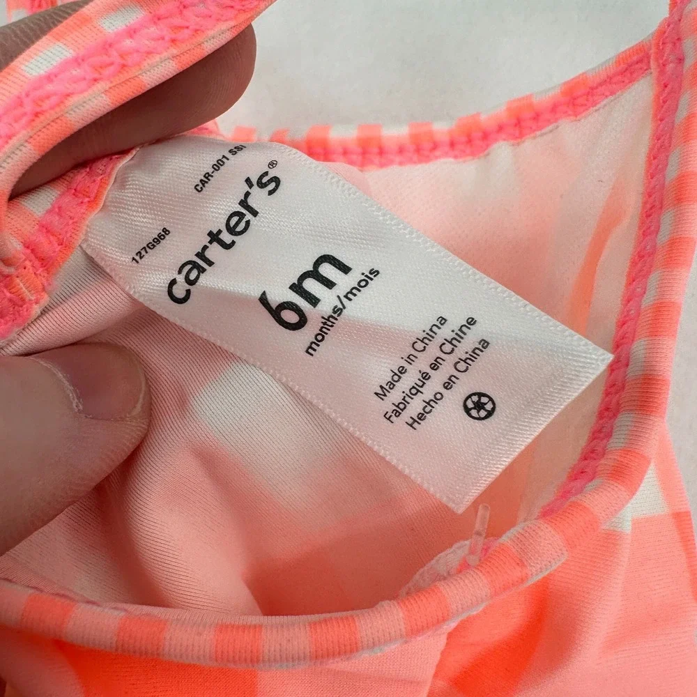 Carter's 2 Piece‎ Swimsuit Set Girls 6M Neon Pink White Gingham Ruffle Beach NWT